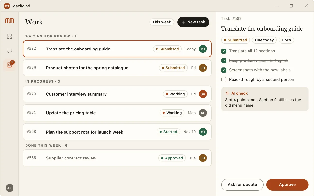 The MaxiMind desktop app on Windows, showing Workplace
